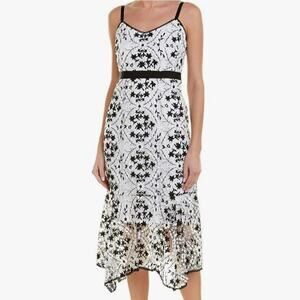 Nanette Lepore Midi Dress Floral Applique Lace Asymmetric Size 10 White Black